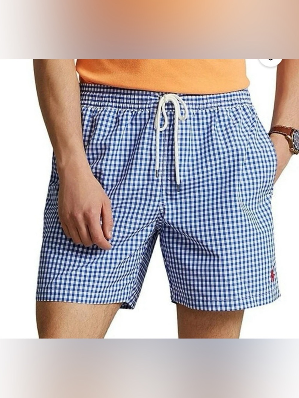 Polo Ralph Lauren Traveler Gingham Men's Blue Swim Trunks with Drawstring